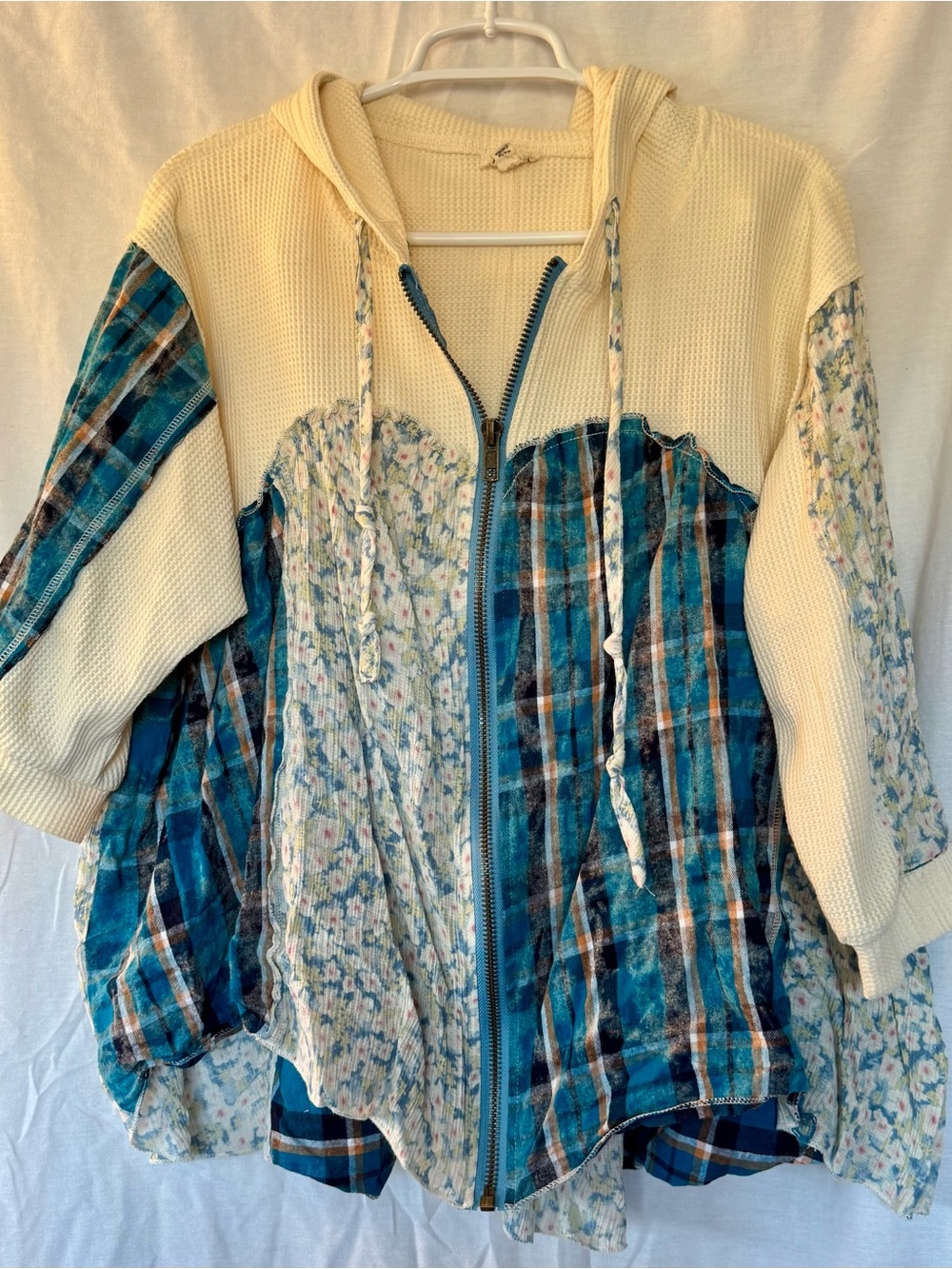 POL Blue Patchwork Plaid Floral Zip Hoodie Jacket L Boho Waffle Knit